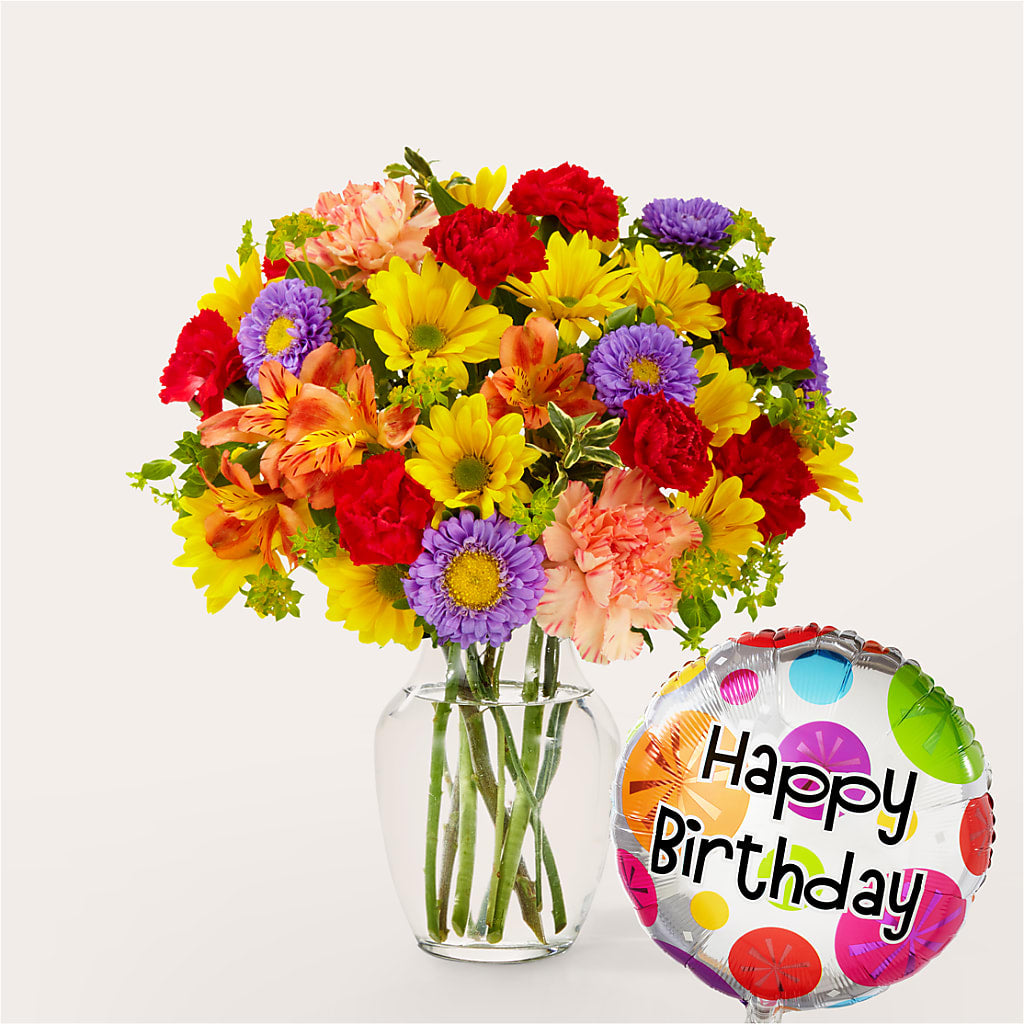 Kaleidoscope Bouquet with Birthday Balloon – West Hollywood Florist, West Hollywood CA