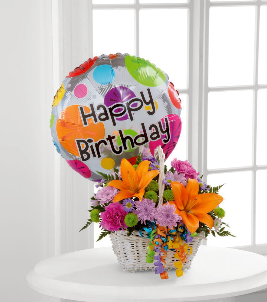 Happy Blooms Basket With Happy Birthday Balloon – West Hollywood Florist, West Hollywood CA
