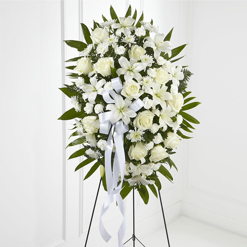 Exquisite Tribute Standing Spray-White Ribbon – West Hollywood Florist, West Hollywood CA