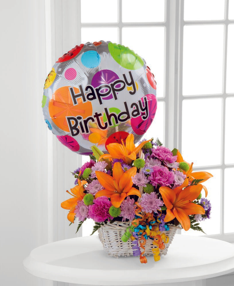 Happy Blooms Basket With Happy Birthday Balloon