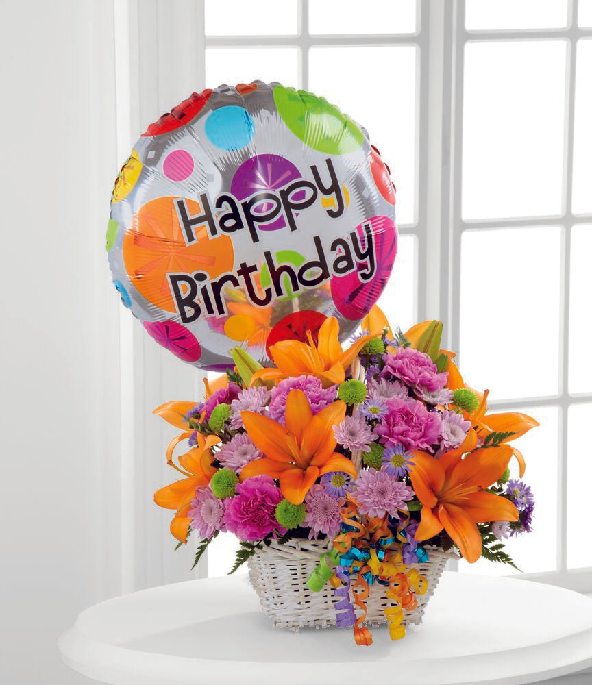 Happy Blooms Basket With Happy Birthday Balloon