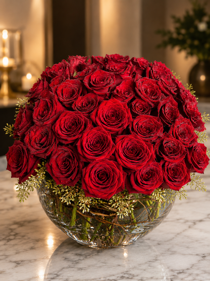 52 Roses - Glass Bowl, Cylinder or Cube Vase Design –  West Hollywood Florist, West Hollywood CA