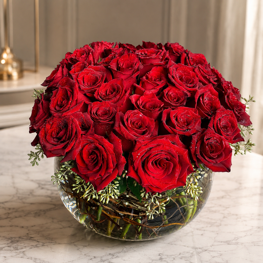 52 Roses - Glass Bowl, Cylinder or Cube Vase Design –  West Hollywood Florist, West Hollywood CA