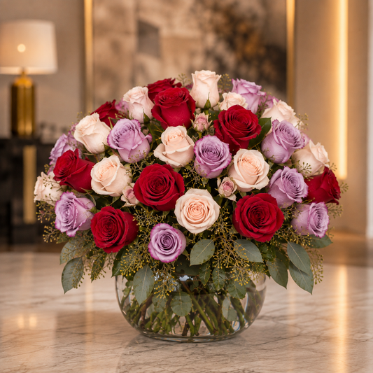 Mixed Roses in a Glass Bowl –  West Hollywood Florist, West Hollywood CA