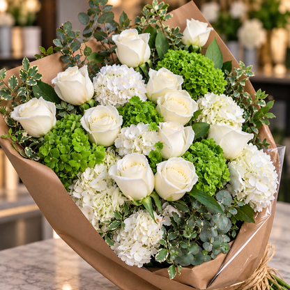 Emerald Ivory Hand Tied Bouquet –  West Hollywood Florist, West Hollywood CA