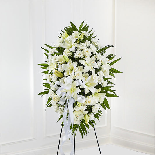 Exquisite Tribute Standing Spray-White Ribbon –  West Hollywood Florist, West Hollywood CA