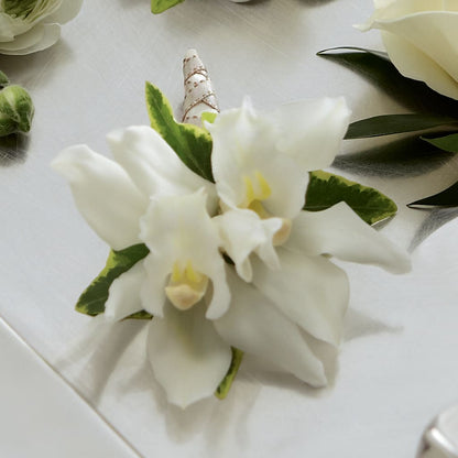 White Mini Cymbidium Boutonniere –  West Hollywood Florist, West Hollywood CA